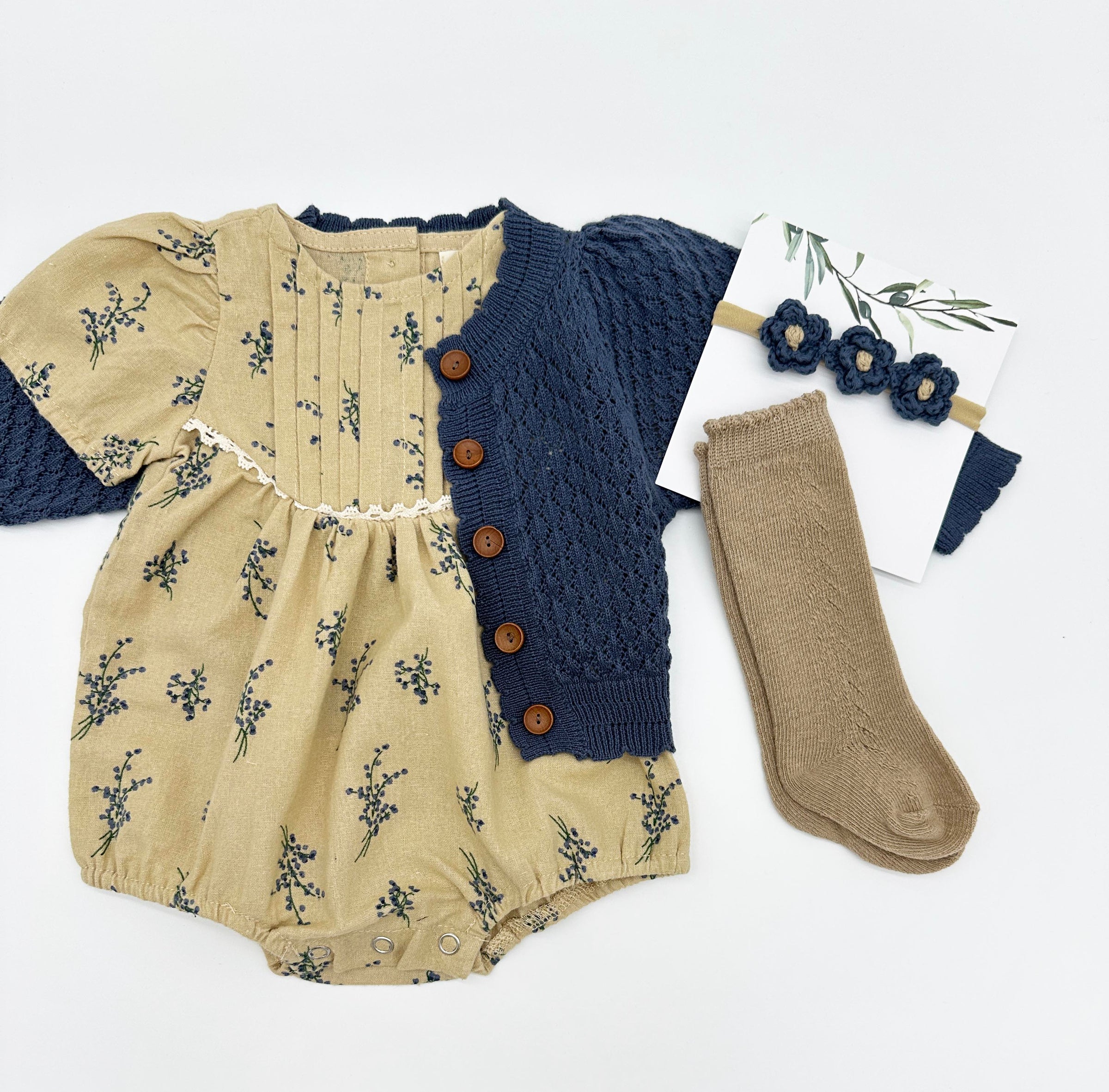 Blue Floral Pleated Bubble Romper + Blue Floral headband| Mabel SHORT sleeve