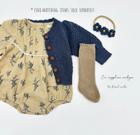 Blue Floral Pleated Bubble Romper + Green Floral Headband | Mabel LONG sleeve