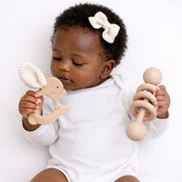 Crochet Crinkle Ears Wooden Bunny Teether + Rattle Set