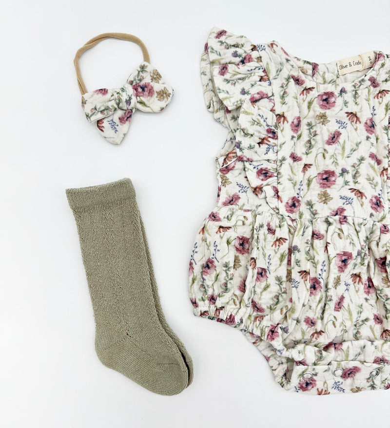Milana Muslim Bubble Romper + Bow + socks | Floral 3pc set