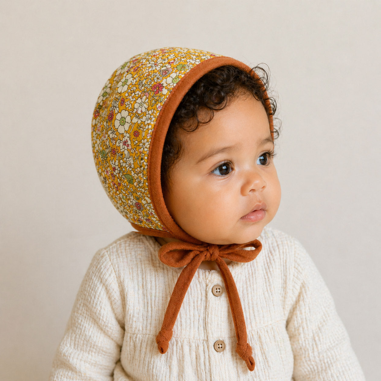 Linen Mustard Floral Reversible Bonnet