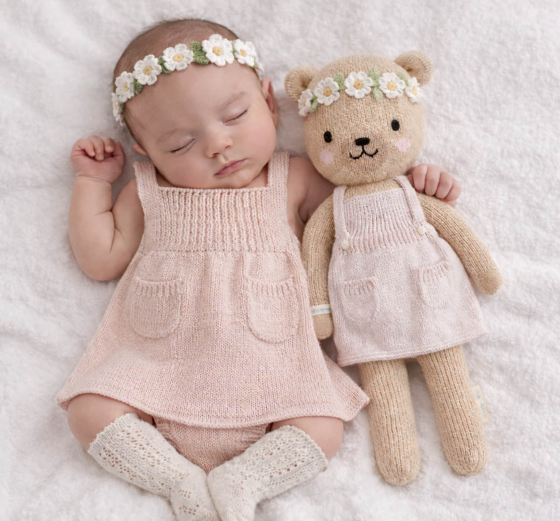 Knitted Olivia Dress Set | Dress bloomer socks headband | Olivia Pink
