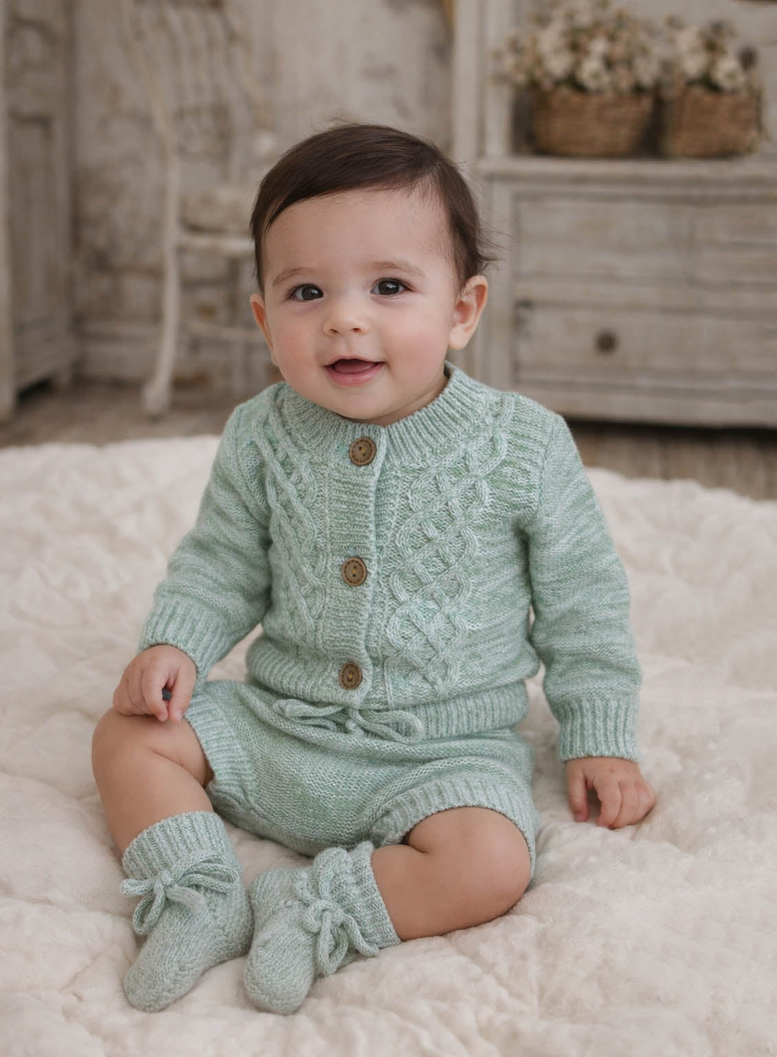 Cotton Knitted Cardigan bloomer booties | Matais 3pc Set