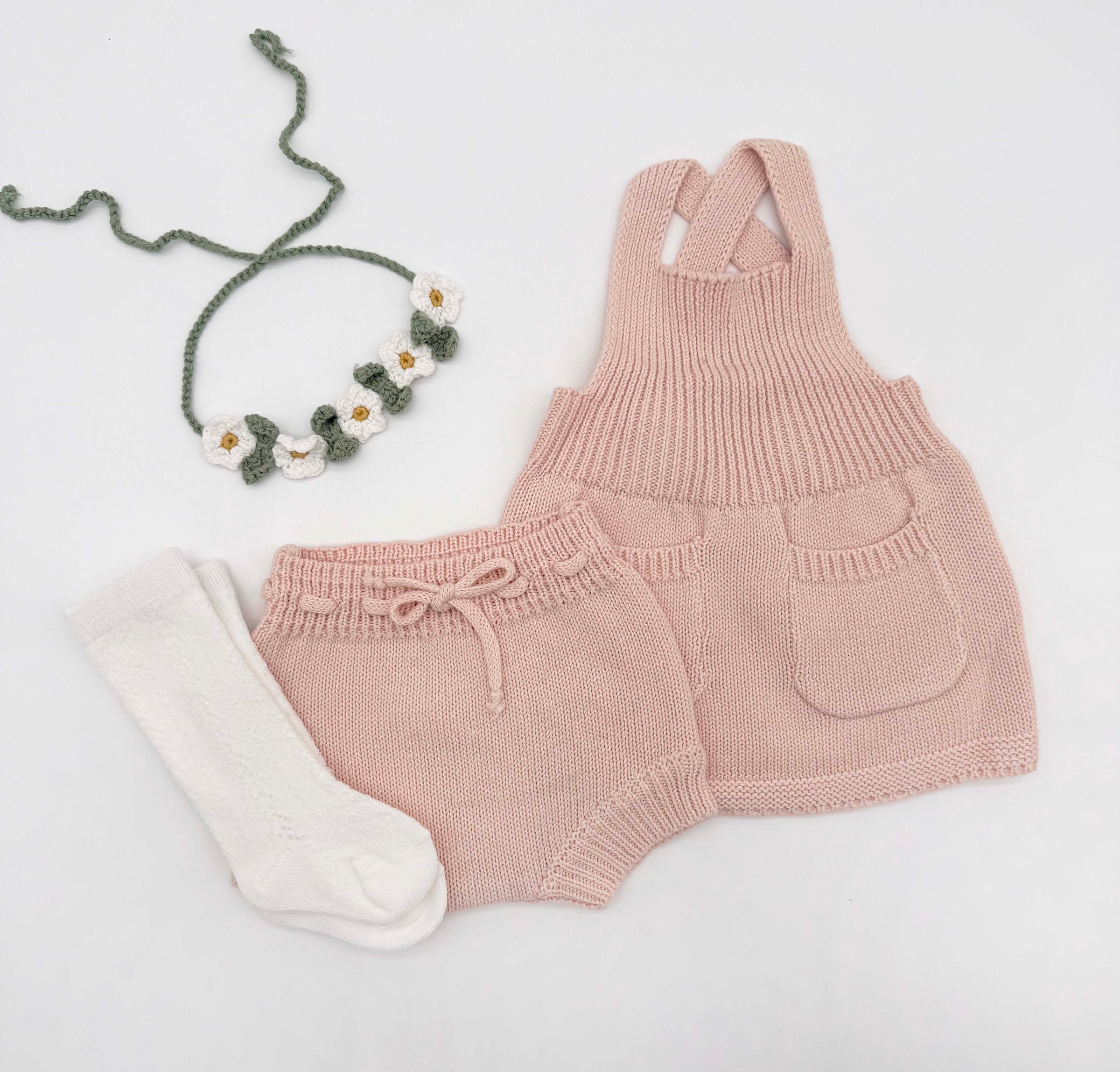 Knitted Olivia Dress Set | Dress bloomer socks headband | Olivia Pink
