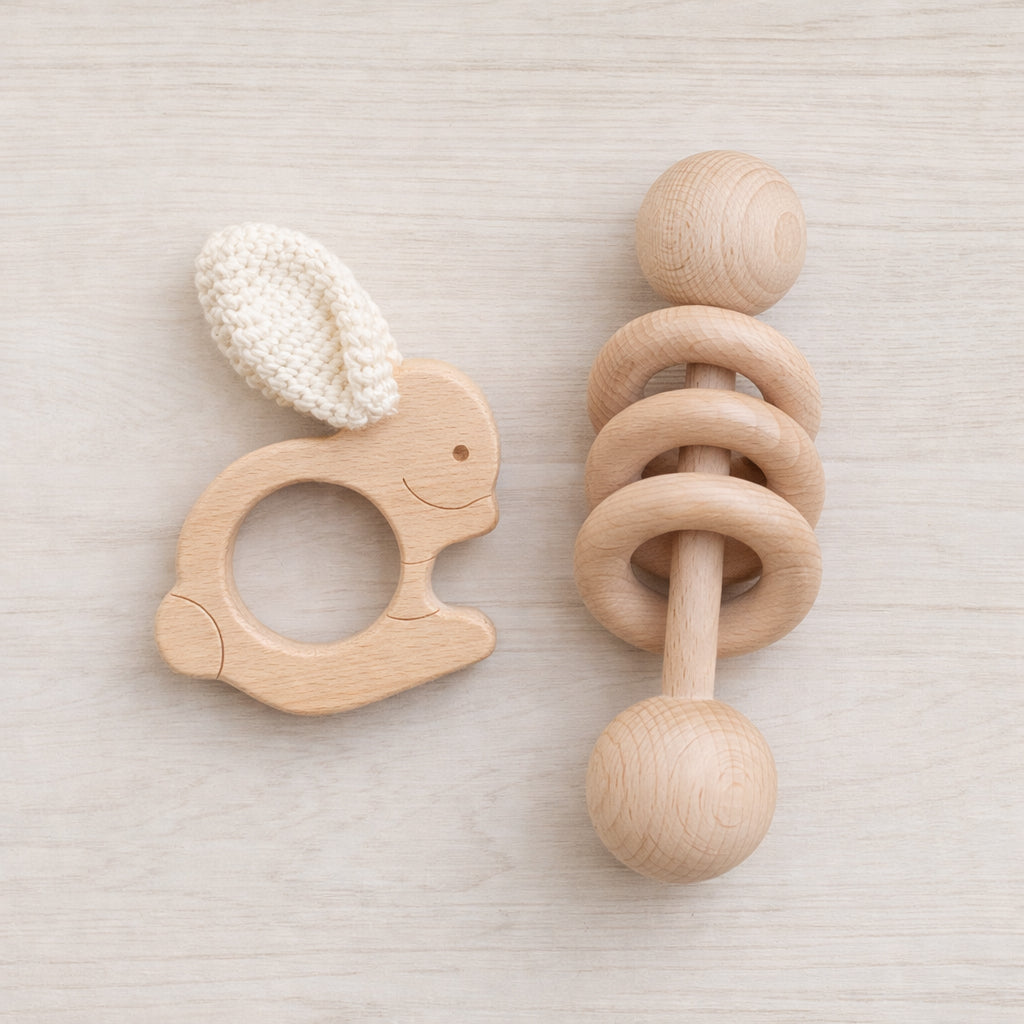 Crochet Crinkle Ears Wooden Bunny Teether + Rattle Set