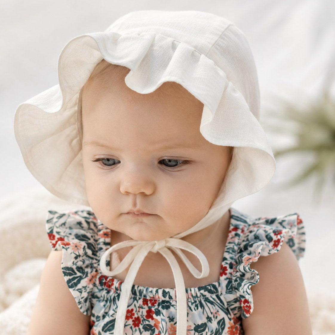 White Linen Girls Bonnet with Ruffle Visor